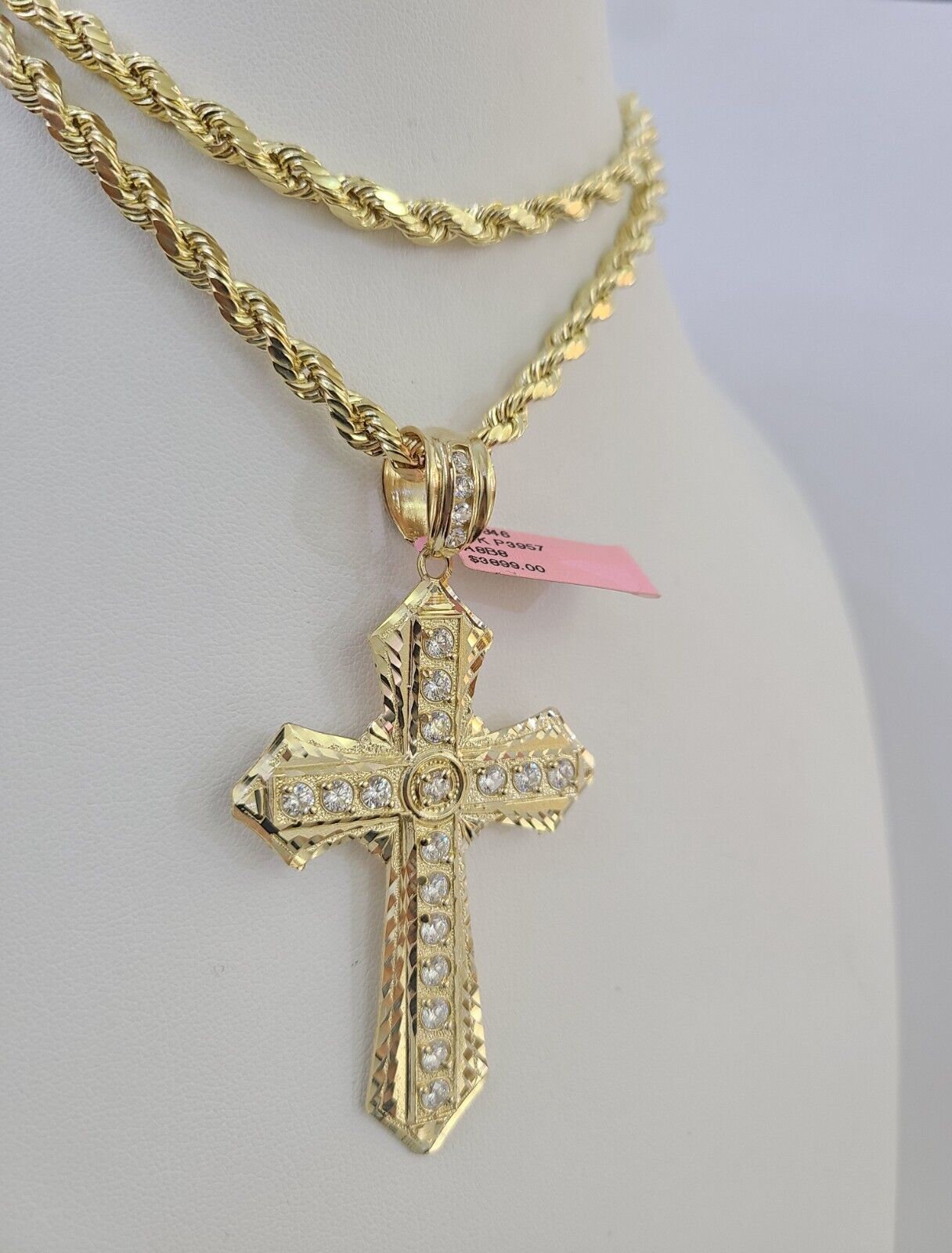 Real 14k Rope Chain Jesus Cross Charm Yellow Gold Set 5mm 20" - 30" Necklace